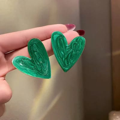Yu Fashions Green Marble Printed Heart Shaped Korean Earrings pair