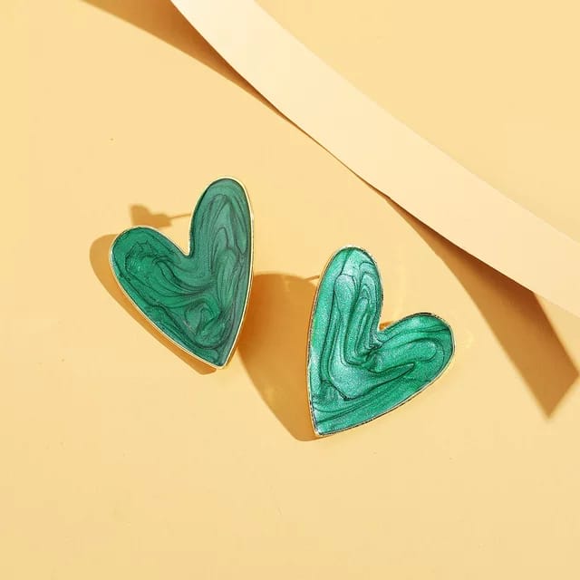 Yu Fashions Green Marble Printed Heart Shaped Korean Earrings pair