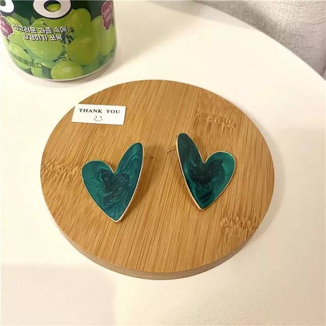 Yu Fashions Green Marble Printed Heart Shaped Korean Earrings pair