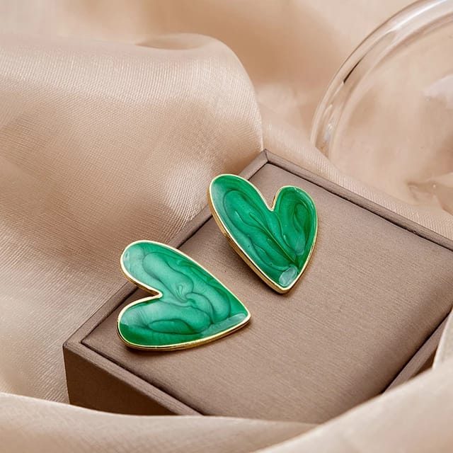 Yu Fashions Green Marble Printed Heart Shaped Korean Earrings pair