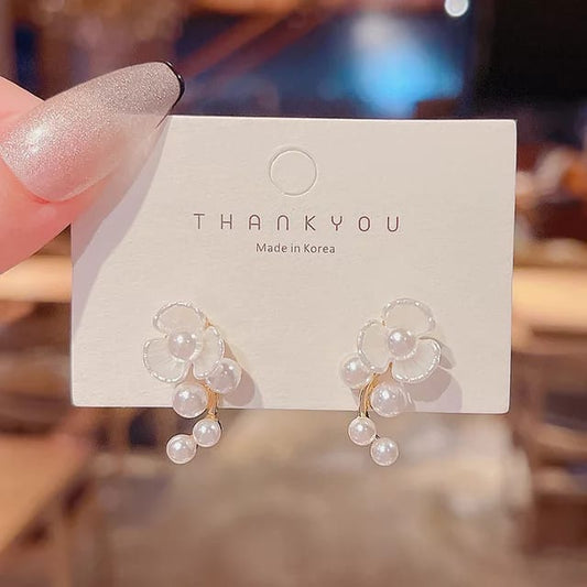 Yu Fashions Pearl Faux Floral White Korean Earrings pair