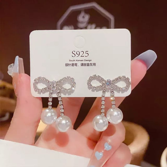 Yu Fashions Ribbon Rhinestone Pearl High Fashion Korean Earrings Pair