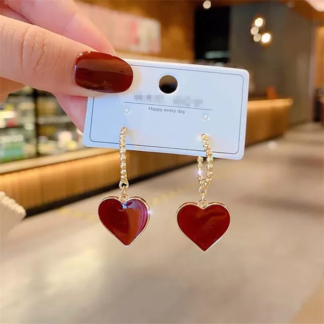 Yu Fashions Heart Shaped Red Golden High Fashion Korean Earrings Pair