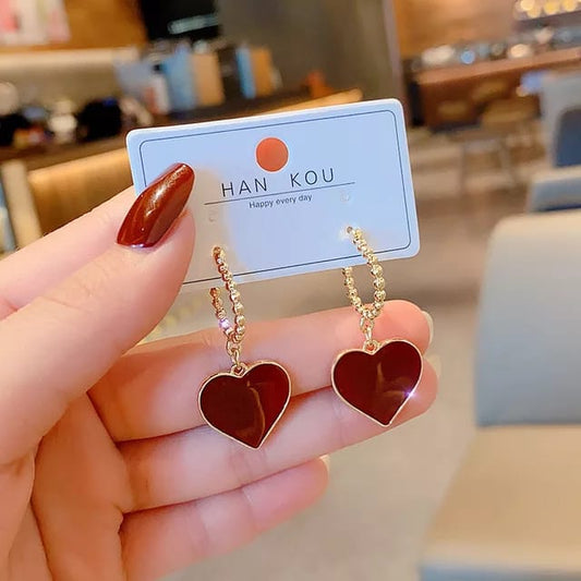 Yu Fashions Heart Shaped Red Golden High Fashion Korean Earrings Pair