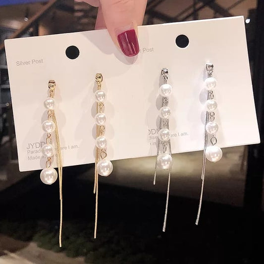 Yu Fashions White Pearl Tassel dual Korean Earrings pair