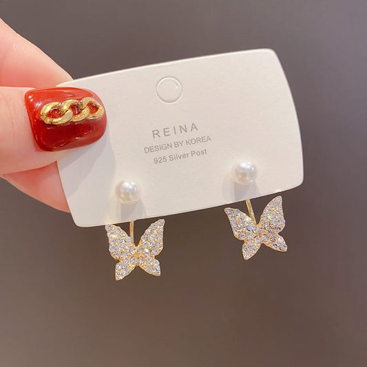 Yu Fashions Rhinestone Butterfly Pearl High Fashion Korean Earrings Pair