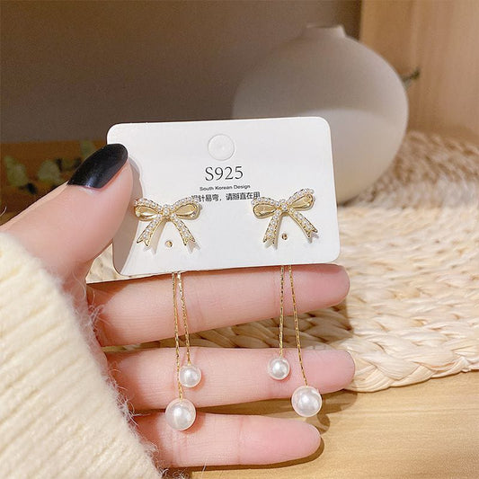 Yu Fashions Bow Know Rhinestone Pearl tassel Korean earrings pair