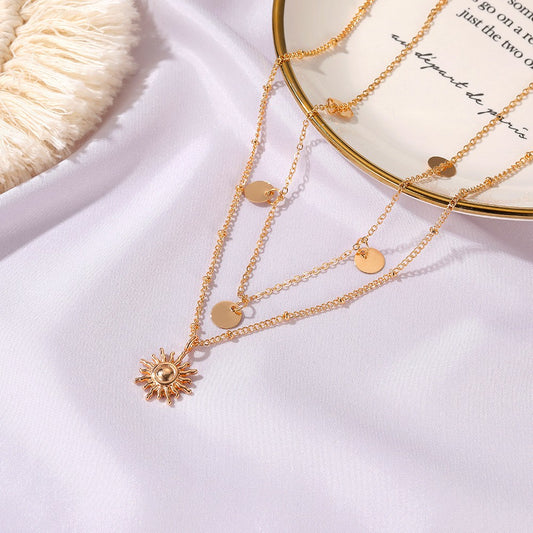 Yu Fashions Oil Drop Charms 2 layered Sun Pendent Korean Golden Necklace