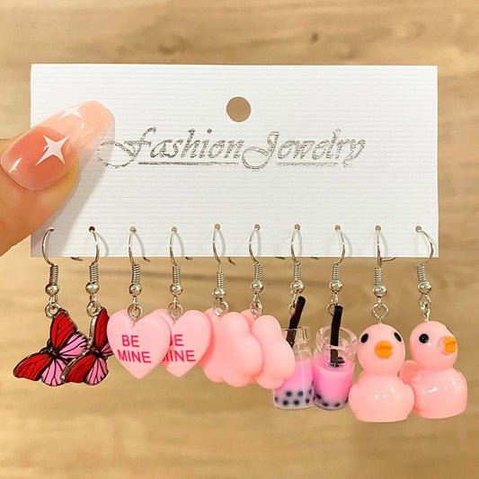 Yu Fashions Baby Kids Pink Butterfly Duck Cloud Soft Drink Ice Cream Plastic Korean Earrings Pair of 5