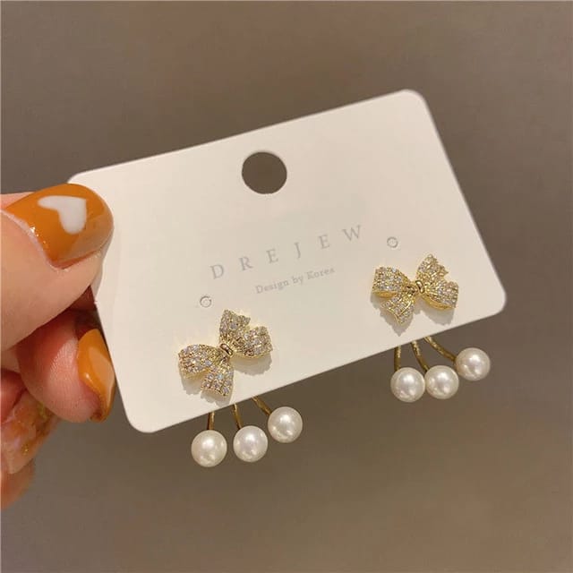 Yu Fashions Rhinestone Bow Pearl Korean Earrings Pair