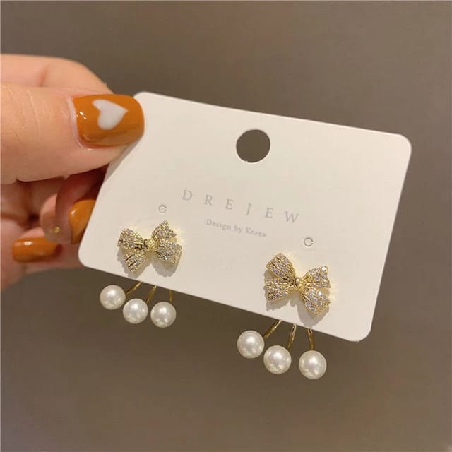 Yu Fashions Rhinestone Bow Pearl Korean Earrings Pair
