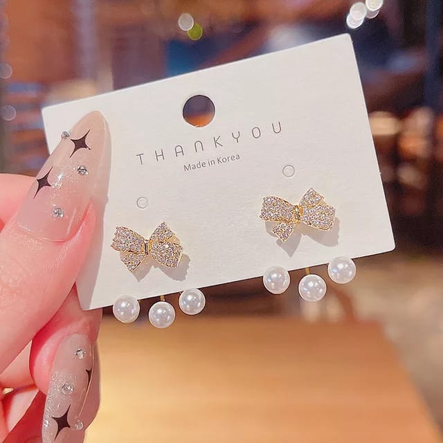 Yu Fashions Rhinestone Bow Pearl Korean Earrings Pair