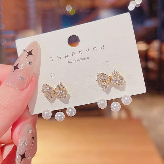 Yu Fashions Rhinestone Bow Pearl Korean Earrings Pair