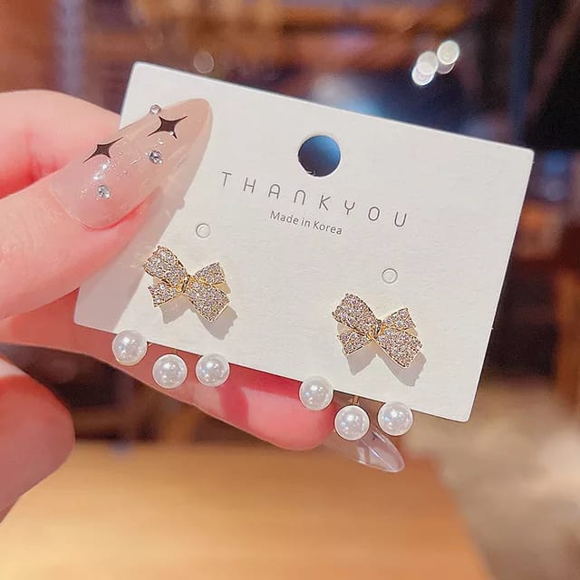 Yu Fashions Rhinestone Bow Pearl Korean Earrings Pair