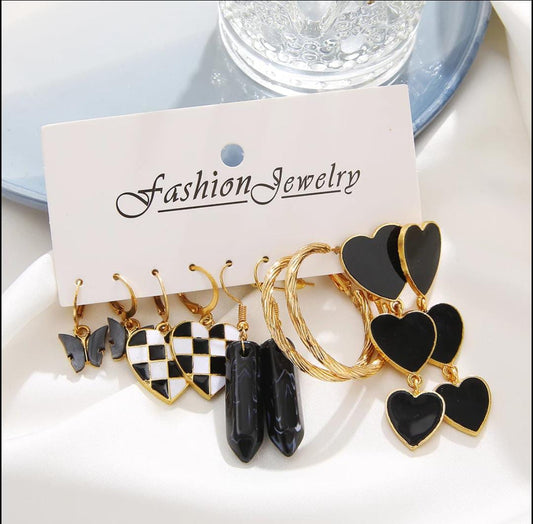 Yu Fashions Black & Golden Heart Cute Butterfly Hoop Korean Earrings Pair of 5