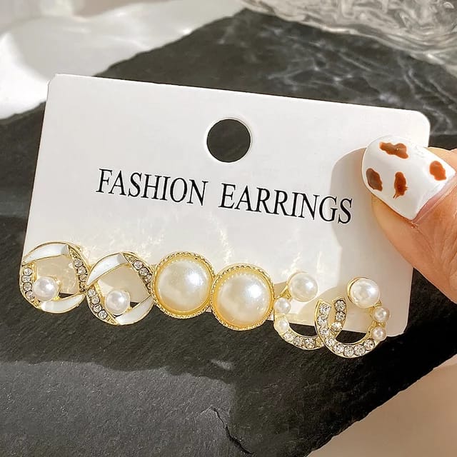Yu Fashions High Fashion Crystal Oversized Rhinestone Pearl Korean Earrings set of 3