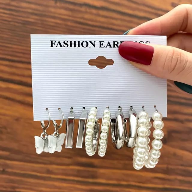 Yu Fashions White Pearl Square Korean Earrings Pair of 5