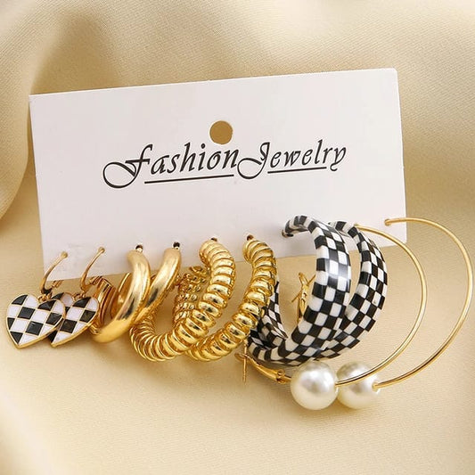 Yu Fashions Black & White Checker Golden Pearl Hoop High Fashion Korean Earrings Pair of 5
