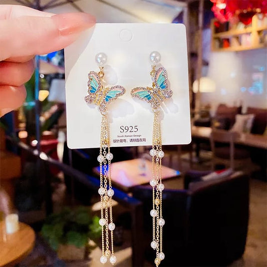 Yu Fashions Green High Fashion Butterfly Pearl Tassel Korean earrings Pair