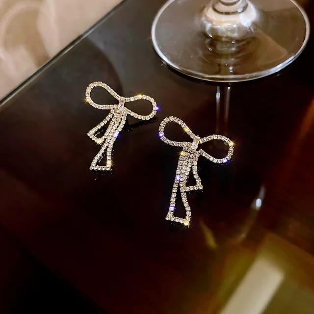 Yu Fashions Bow Shaped Rhinestone High Fashion Korean earrings Pair