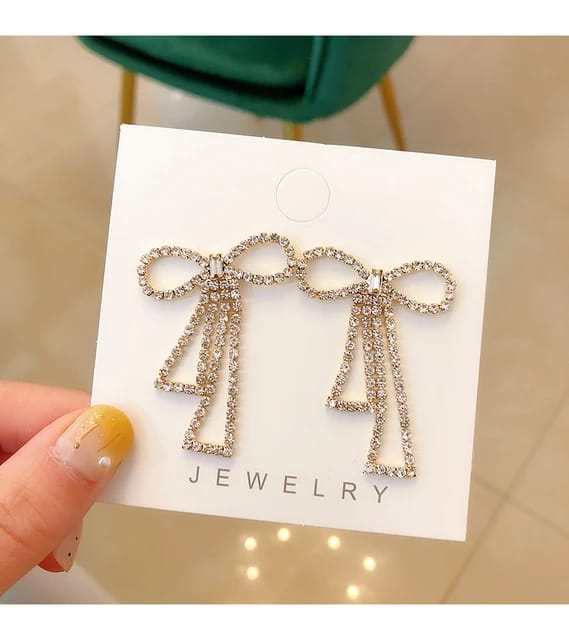 Yu Fashions Bow Shaped Rhinestone High Fashion Korean earrings Pair