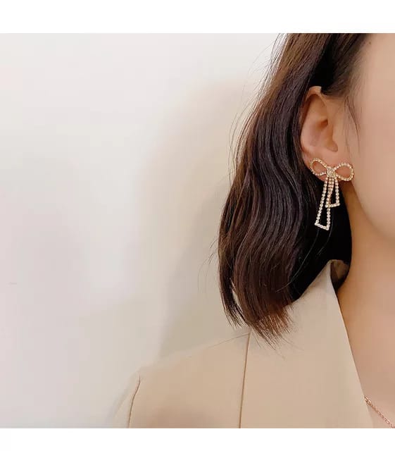 Yu Fashions Bow Shaped Rhinestone High Fashion Korean earrings Pair