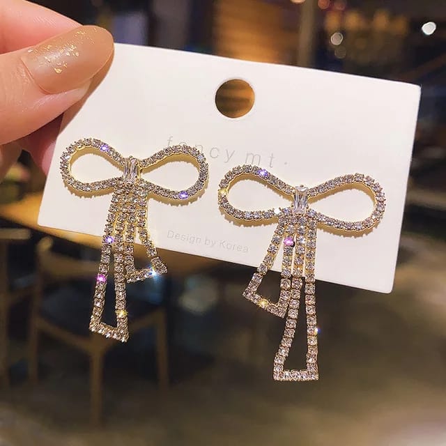 Yu Fashions Bow Shaped Rhinestone High Fashion Korean earrings Pair