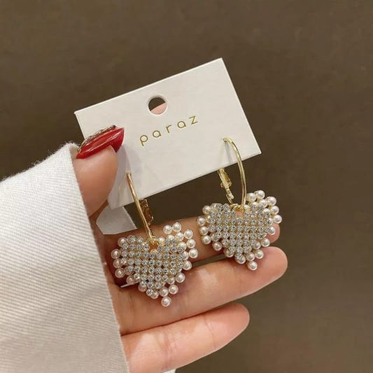Yu Fashions Heart Shaped Pearl Rhinestone dual Layered Korean Earrings Pair