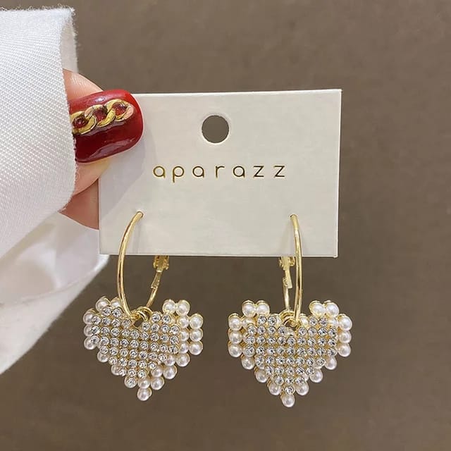 Yu Fashions Heart Shaped Pearl Rhinestone dual Layered Korean Earrings Pair