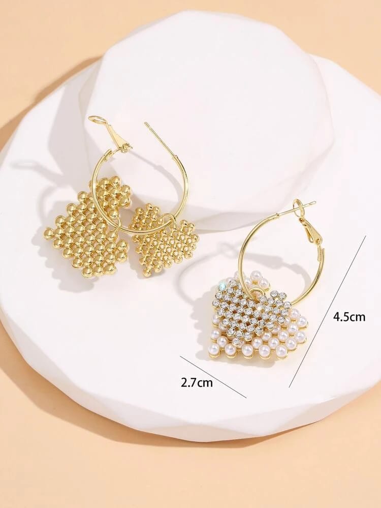 Yu Fashions Heart Shaped Pearl Rhinestone dual Layered Korean Earrings Pair