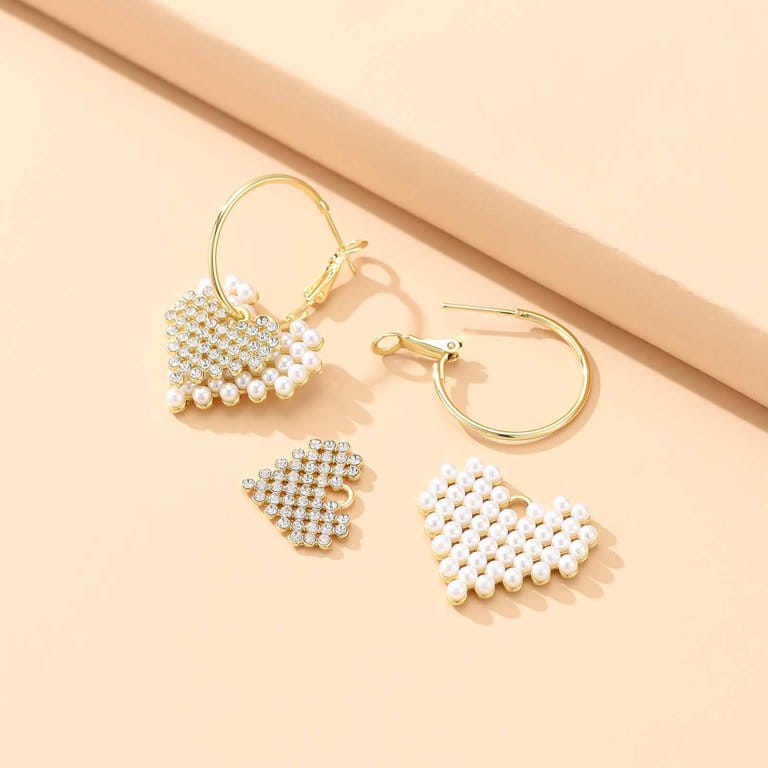 Yu Fashions Heart Shaped Pearl Rhinestone dual Layered Korean Earrings Pair
