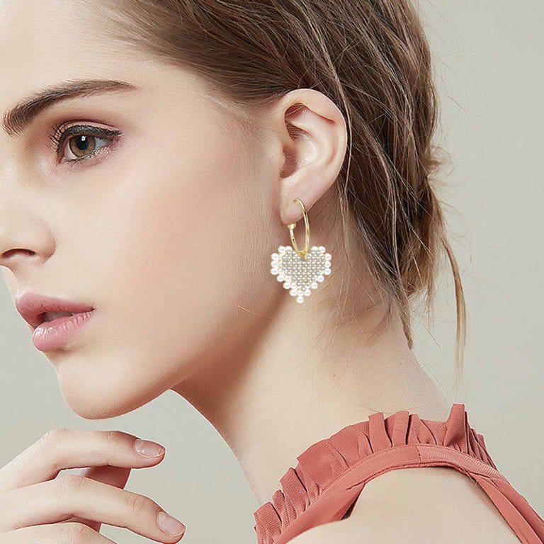 Yu Fashions Heart Shaped Pearl Rhinestone dual Layered Korean Earrings Pair