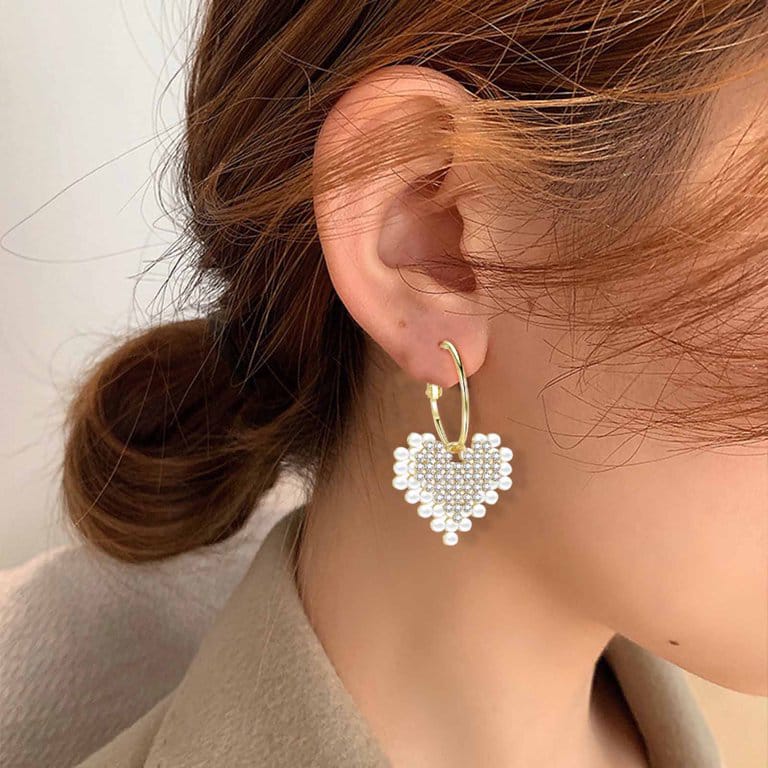 Yu Fashions Heart Shaped Pearl Rhinestone dual Layered Korean Earrings Pair