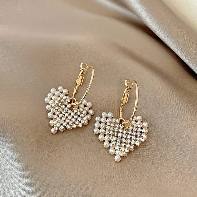 Yu Fashions Heart Shaped Pearl Rhinestone dual Layered Korean Earrings Pair