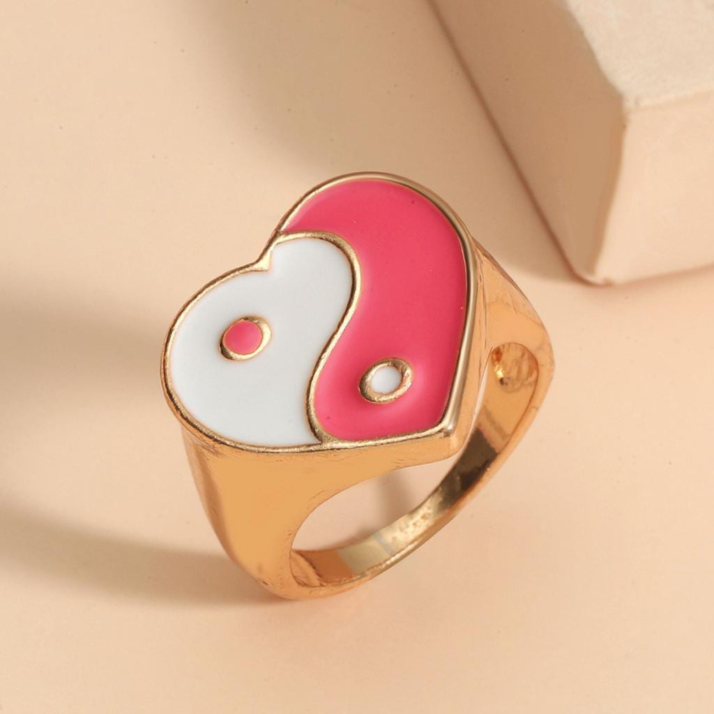 Yu Fashions Pink White Yin Yang Golden Adjustable Korean Ring