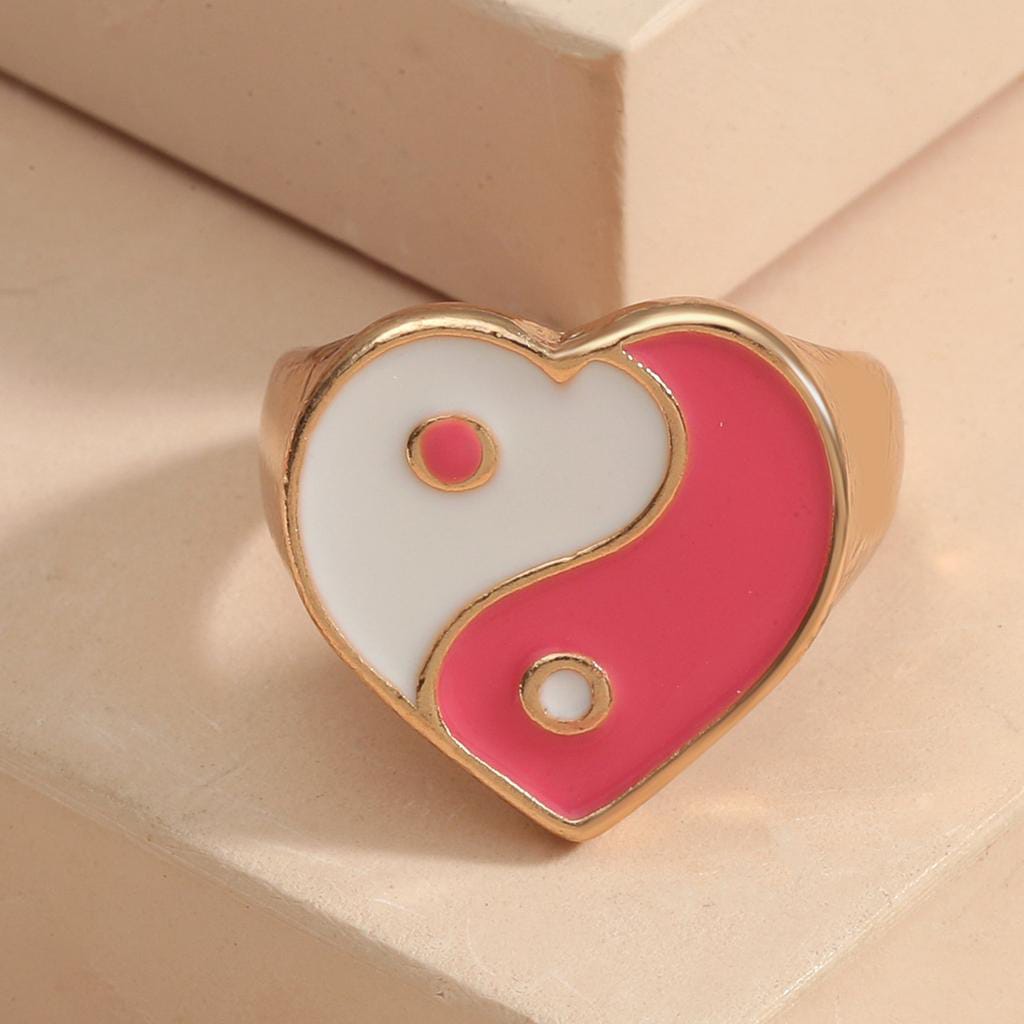 Yu Fashions Pink White Yin Yang Golden Adjustable Korean Ring