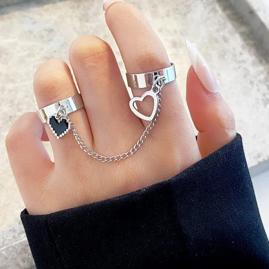 Yu Fashions Cute Heart Silver 2 Adjustable Chain Ring Set