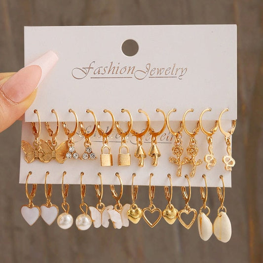 Yu Fashions Crystal Shell Butterfly Rose Heart Cute Korean Drop Earrings Pair of 12