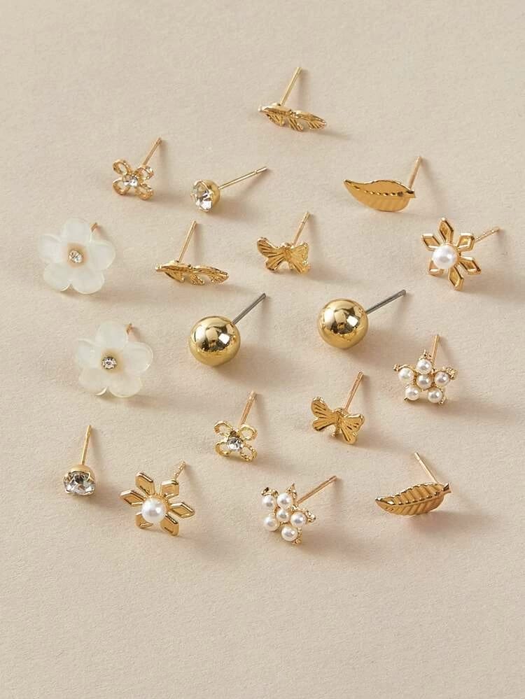 Yu Fashions Golden Leaf Pearl Flower Cute Studs Earrings Pair of 12