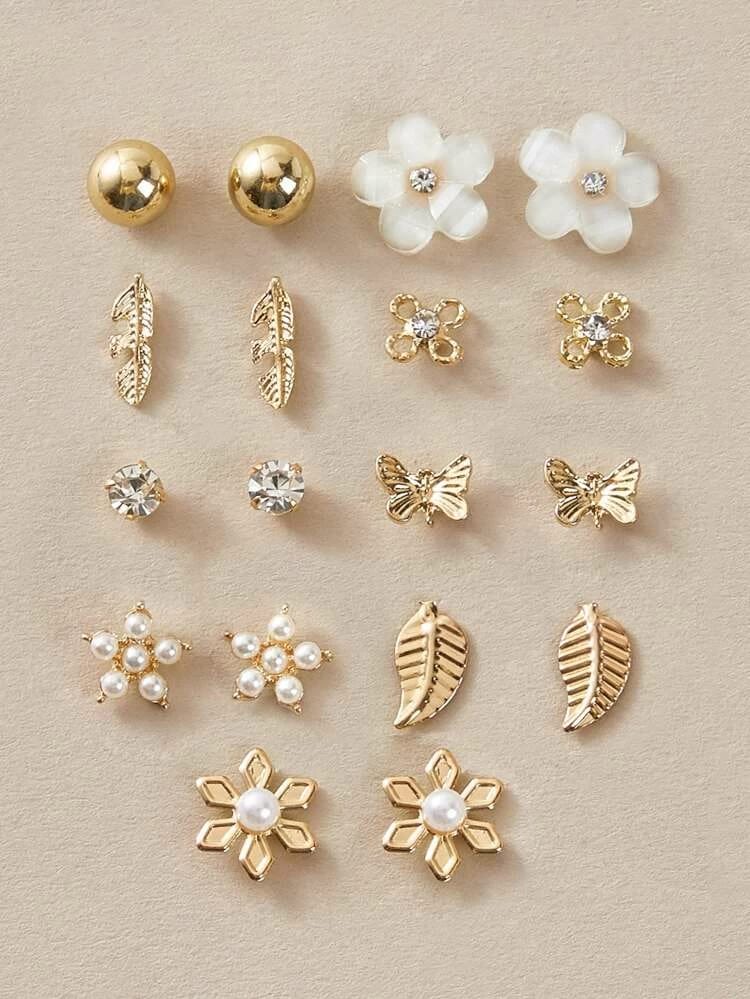 Yu Fashions Golden Leaf Pearl Flower Cute Studs Earrings Pair of 12