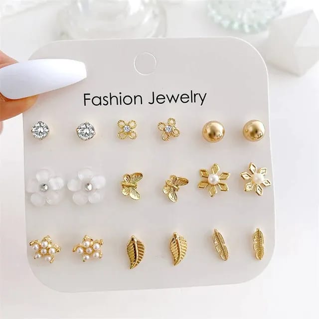Yu Fashions Golden Leaf Pearl Flower Cute Studs Earrings Pair of 12