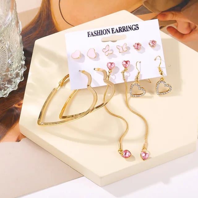 Yu Fashions Heart Golden Pink Crystal High Fashion Korean earrings Pair of 6