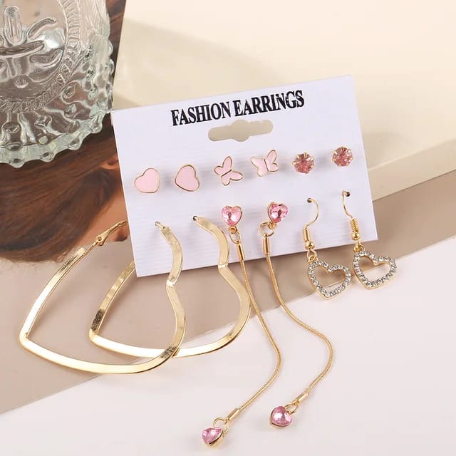 Yu Fashions Heart Golden Pink Crystal High Fashion Korean earrings Pair of 6