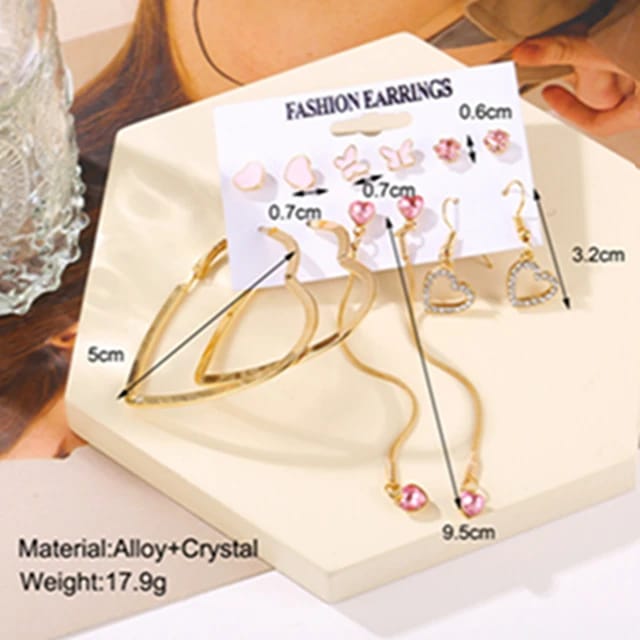 Yu Fashions Heart Golden Pink Crystal High Fashion Korean earrings Pair of 6