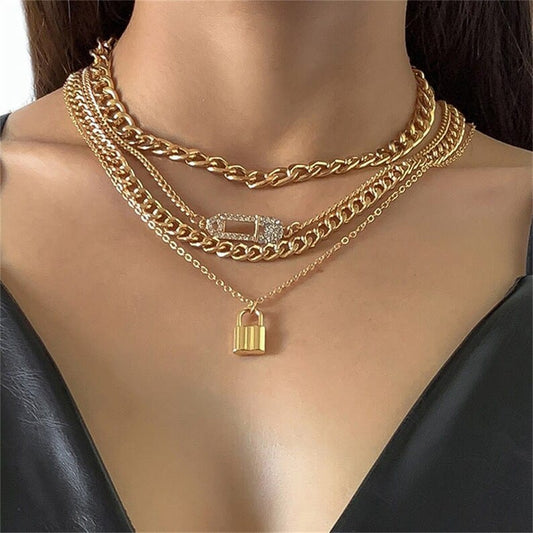 Yu Fashions Golden Multilayered Lock Rhinestone Safety Pin Korean Necklace
