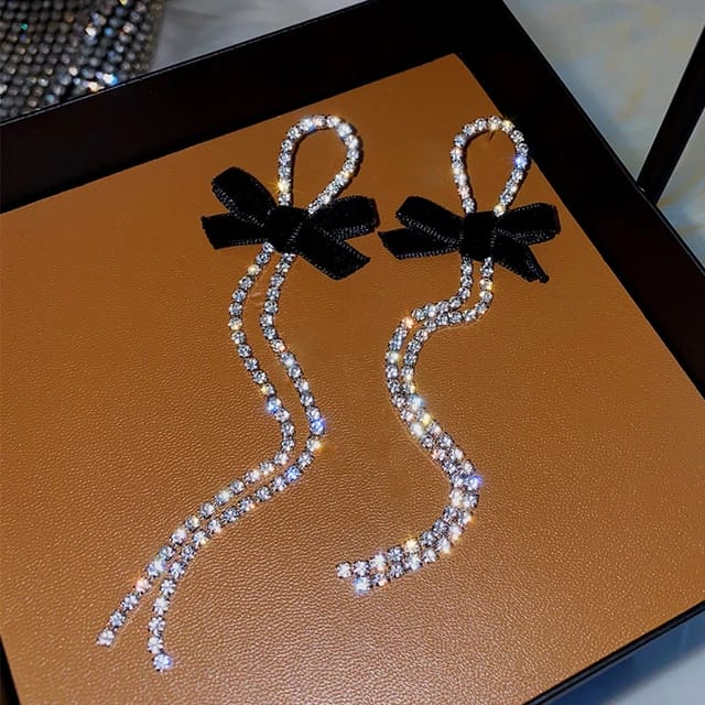 Yu Fashions Velvet Fabric Bow Knot Silver crystals Korean Drop Earrings Pair