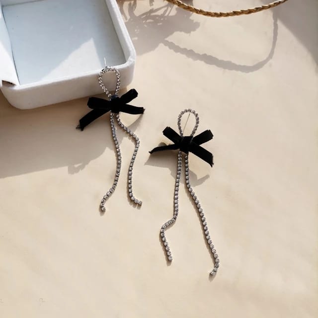 Yu Fashions Velvet Fabric Bow Knot Silver crystals Korean Drop Earrings Pair
