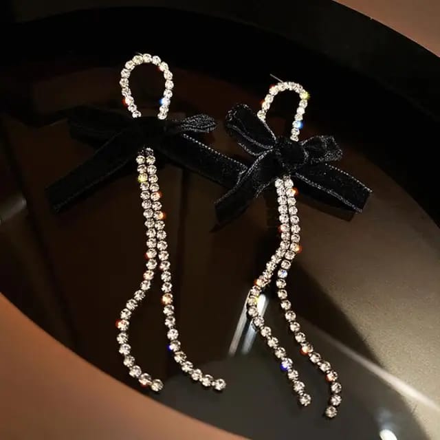 Yu Fashions Velvet Fabric Bow Knot Silver crystals Korean Drop Earrings Pair