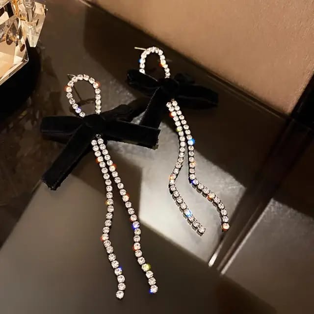 Yu Fashions Velvet Fabric Bow Knot Silver crystals Korean Drop Earrings Pair