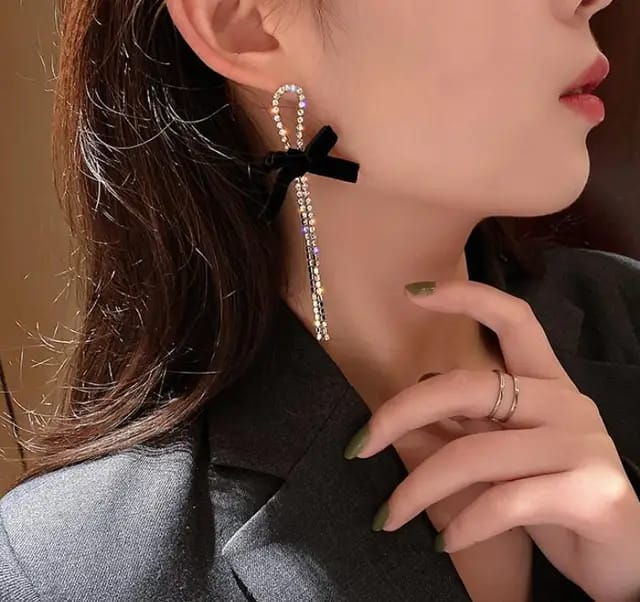 Yu Fashions Velvet Fabric Bow Knot Silver crystals Korean Drop Earrings Pair